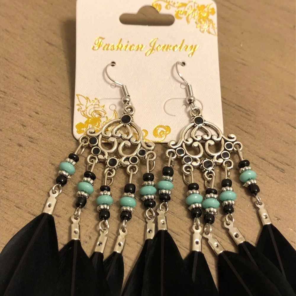 Black Feather Bohemian Dangle Earrings With Blue Beads Fashion Jewelry